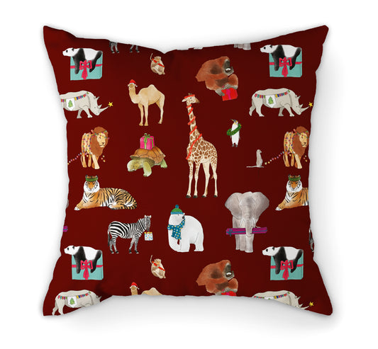 Personalised Christmas Zoo Cushion | 45cm. Red Back View.