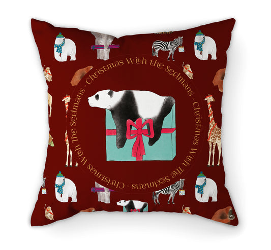 Personalised Christmas Zoo Cushion | 45cm. Red Front View.