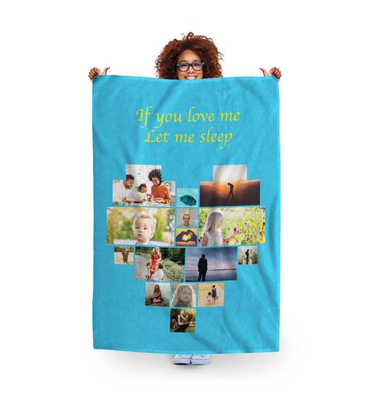 Women holding blue photo collage fleece blanket. 150x200cm size