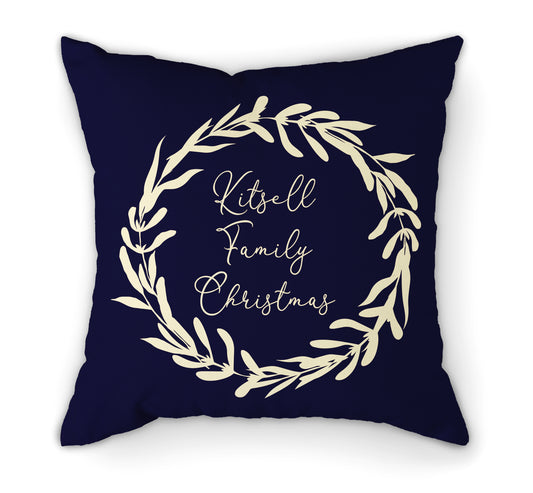 Personalised Blue Cushion Christmas Wreath Family 