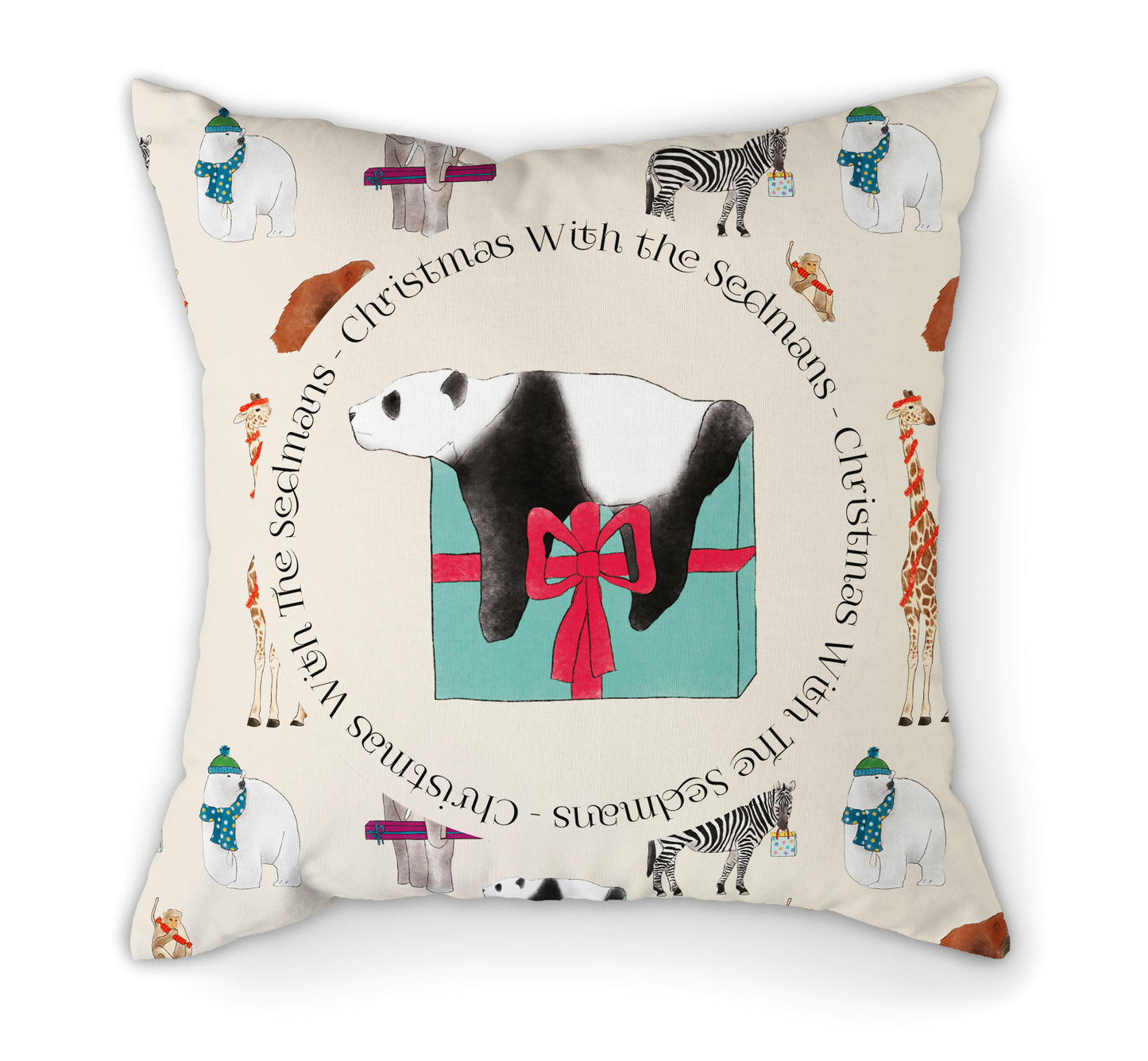 Personalised Christmas Zoo Cushion | 45cm. Cream Front View.