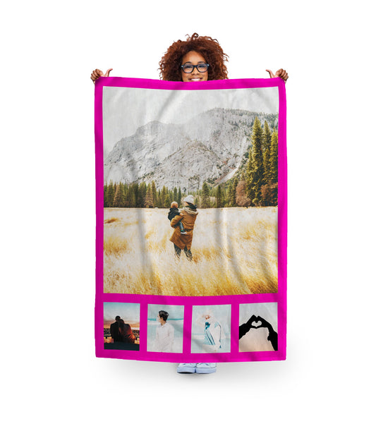 women holding personalised photo fleece blanket, family and friends picture. King bed size.