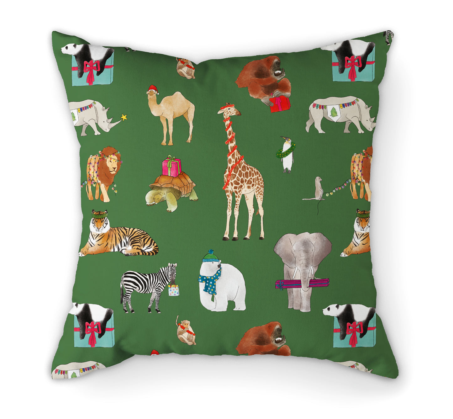 Personalised Christmas Zoo Cushion | 45cm. Green Back View.