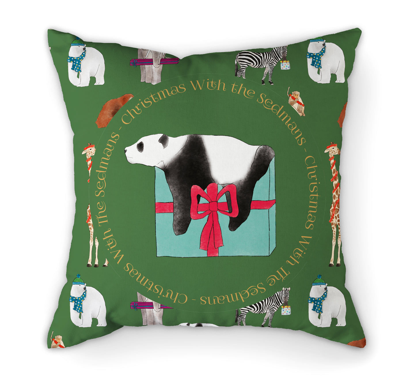 Personalised Christmas Zoo Cushion | 45cm. Green Front View.