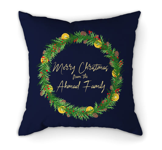 Personalised Dark Cushion Merry Christmas Wreath