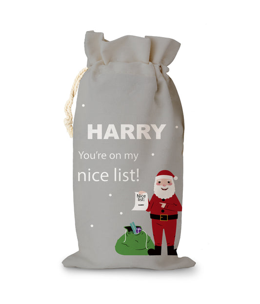 Santa Sack with santa character on it. Text is "you're on the nice list" .