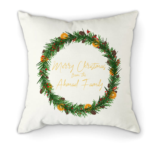 Personalised Light Cushion Merry Christmas Wreath