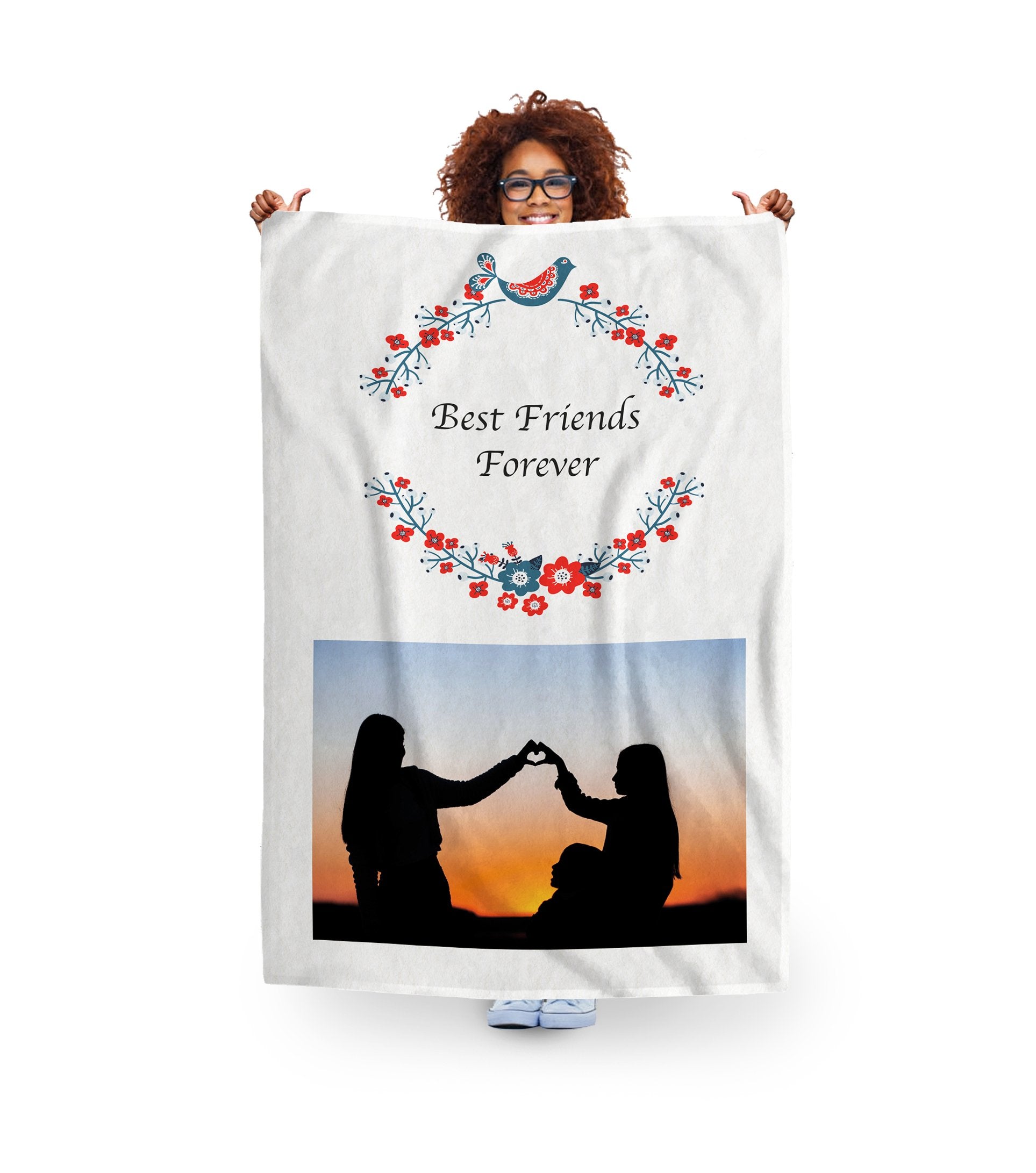 women holding fleece blanket with personalised text and photo. flower pattern and couple photo on blanket. King size blanket