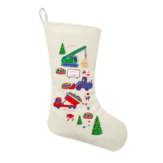 Personalised Christmas Trucks Stocking | Fab Gifts. Front View.