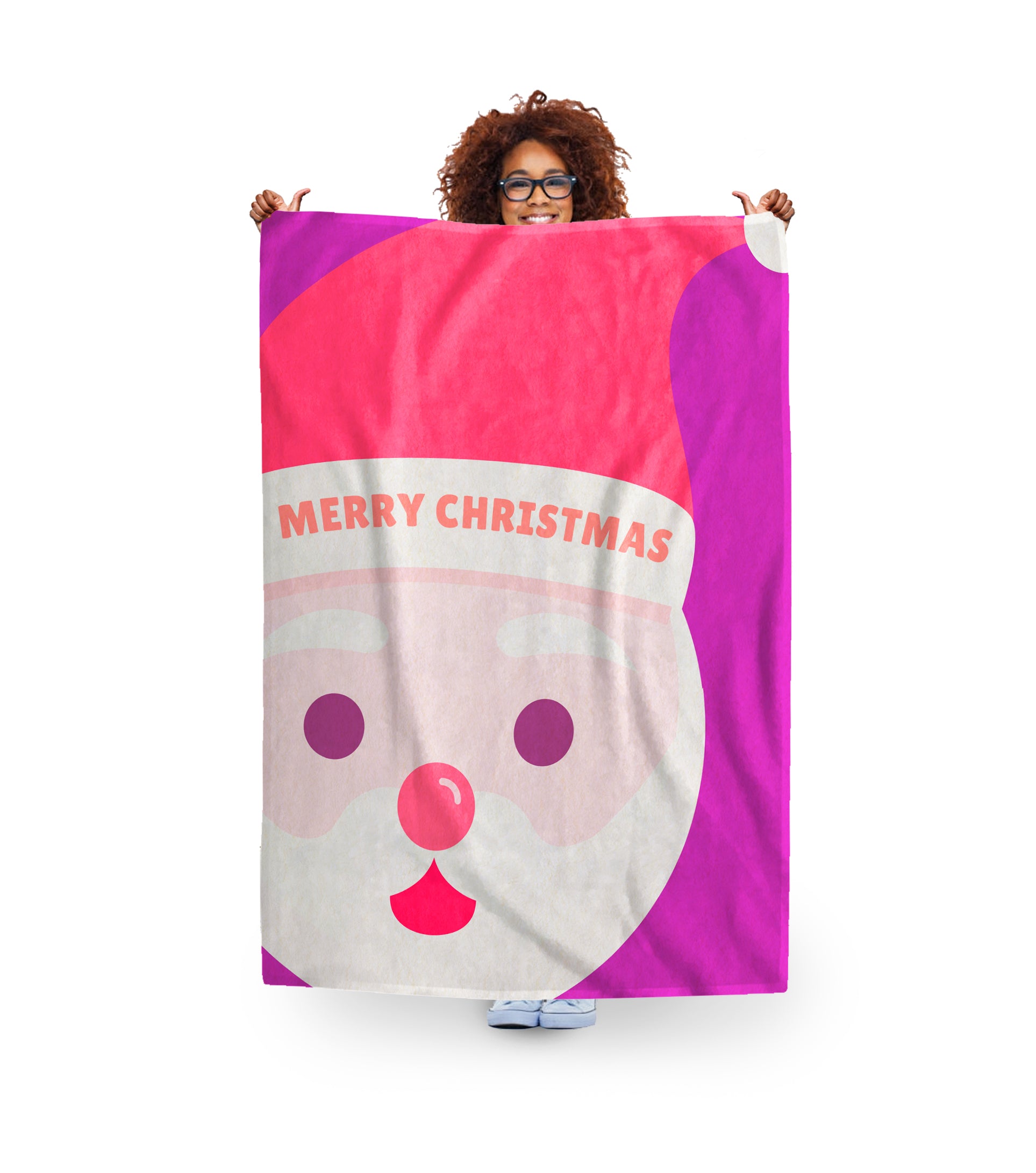 Christmas Santa Fleece Blanket | 4 Sizes | Fab Gifts. Woman holding the satnta blanket.