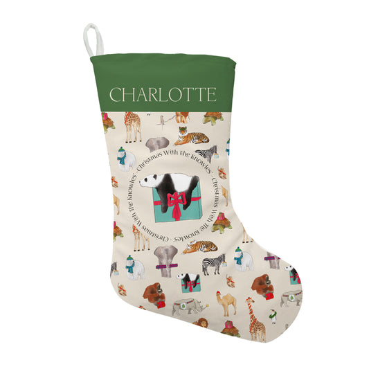 Personalised Christmas Zoo Stocking | Fab Gifts. Cream Front View.