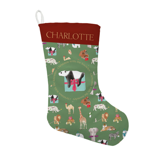 Personalised Christmas Zoo Stocking | Fab Gifts. Green Front View.