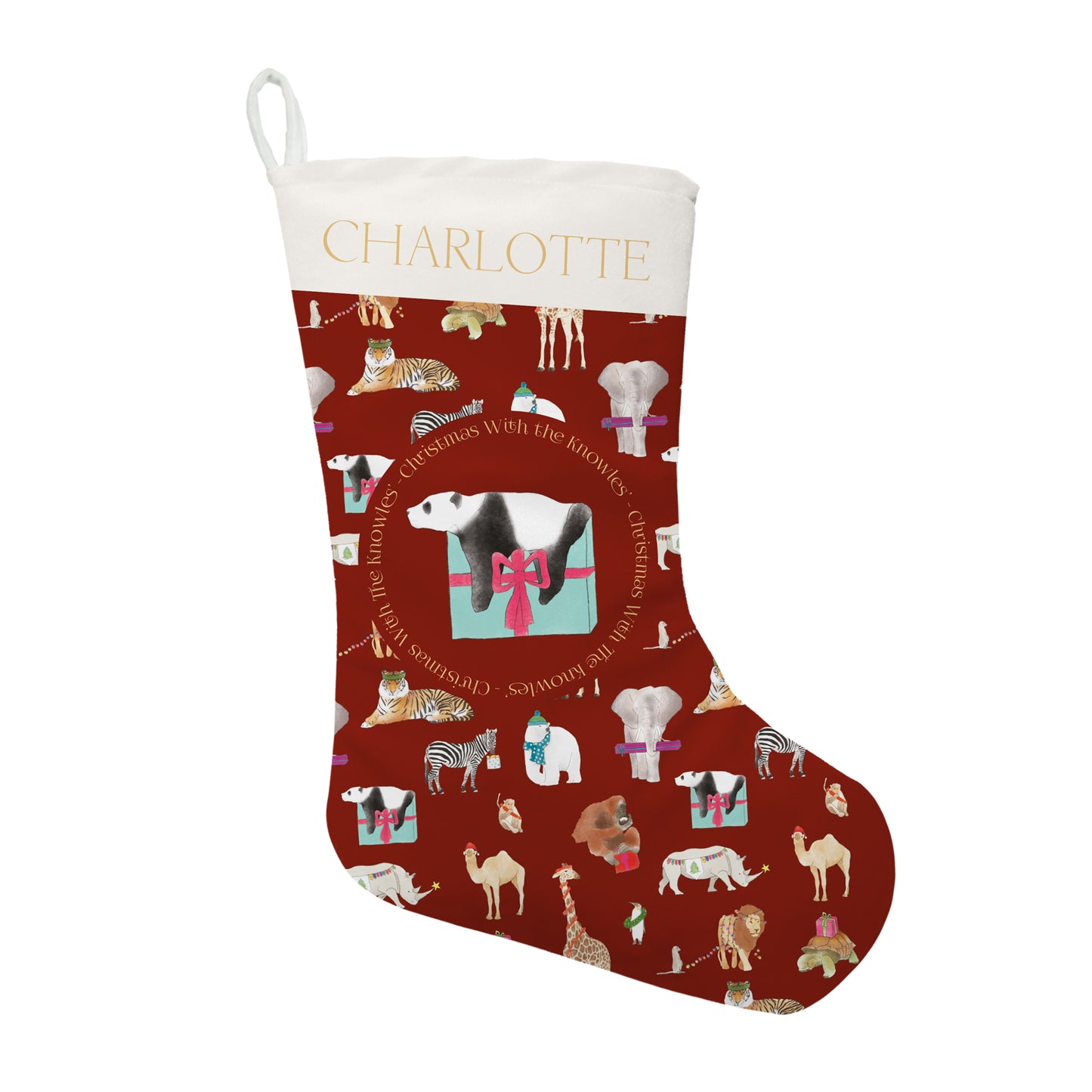 Personalised Christmas Zoo Stocking | Fab Gifts, Red Front View
