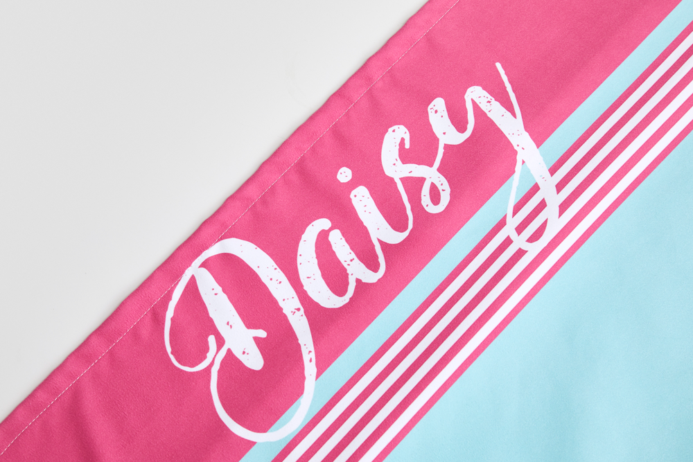 Close up of Personalised Flamingo Fiesta Sports Towel  Name "Daisy".