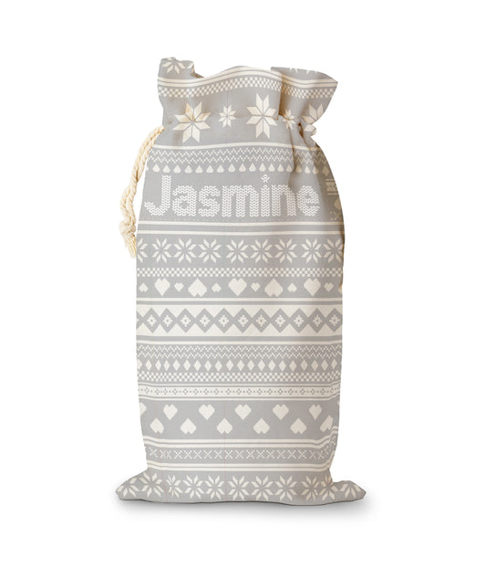 Grey Fairisle Christmas Sack - With Jasmine writtten on it