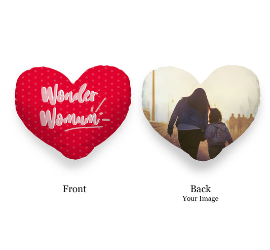Personalised Mothers Day Heart Photo Cushion | 40 x 40 cm | Cushion Front: Red Dotted Background & Text "Wonder Womum" | Cushion Back: Personalised Image of Mum and Child Walking