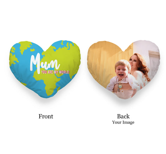 Personalised Mothers Day Heart Photo Cushion | 40 x 40 cm | Cushion Front: Map Background & Text Mum Your Are My World | Cushion Back: Personalised Cushion of Mum and Son Laughing