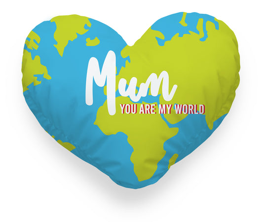 Personalised Mothers Day Heart Photo Cushion | 40 x 40 cm | Background Image: World Map | Text: Mum You Are My World