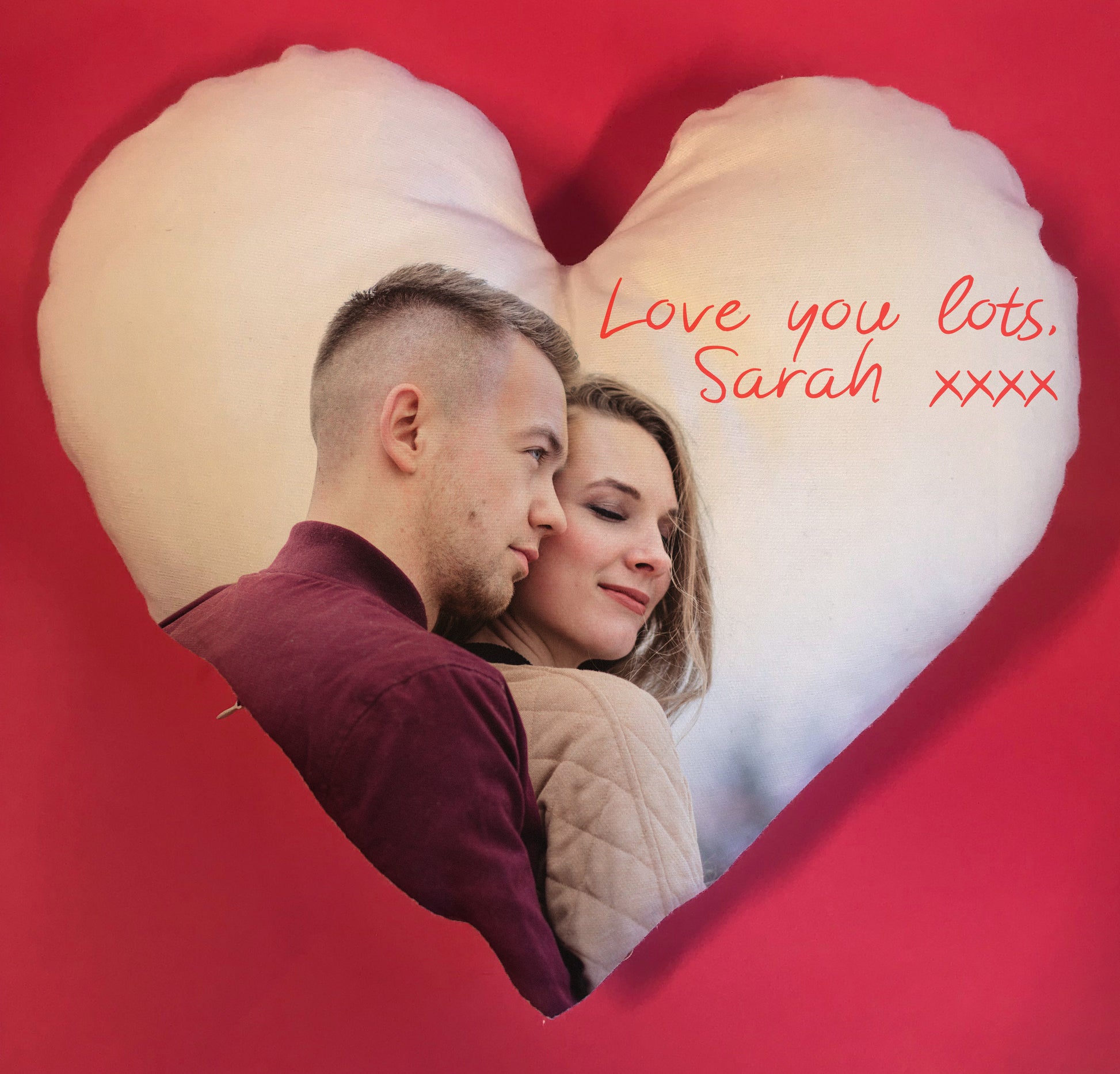 Heart cushion with personalised photo of couple, and text.