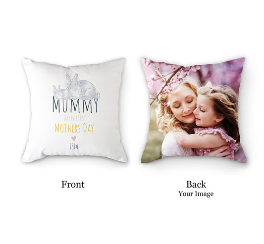 Rabbit First Mothers Day Cushion | 30 x 30cm | Fab Gifts | Front & Back View | Add Personalized Image on Back