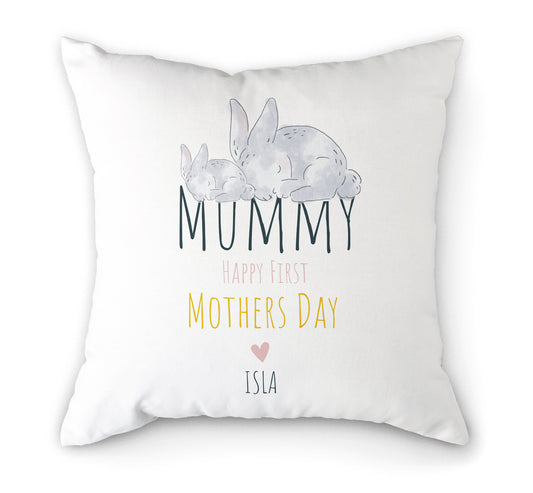Rabbit Mothers Day Cushion | 30 x 30cm | Fab Gifts. Rabbit Art. Text: Mummy Happy First Mothers Day.