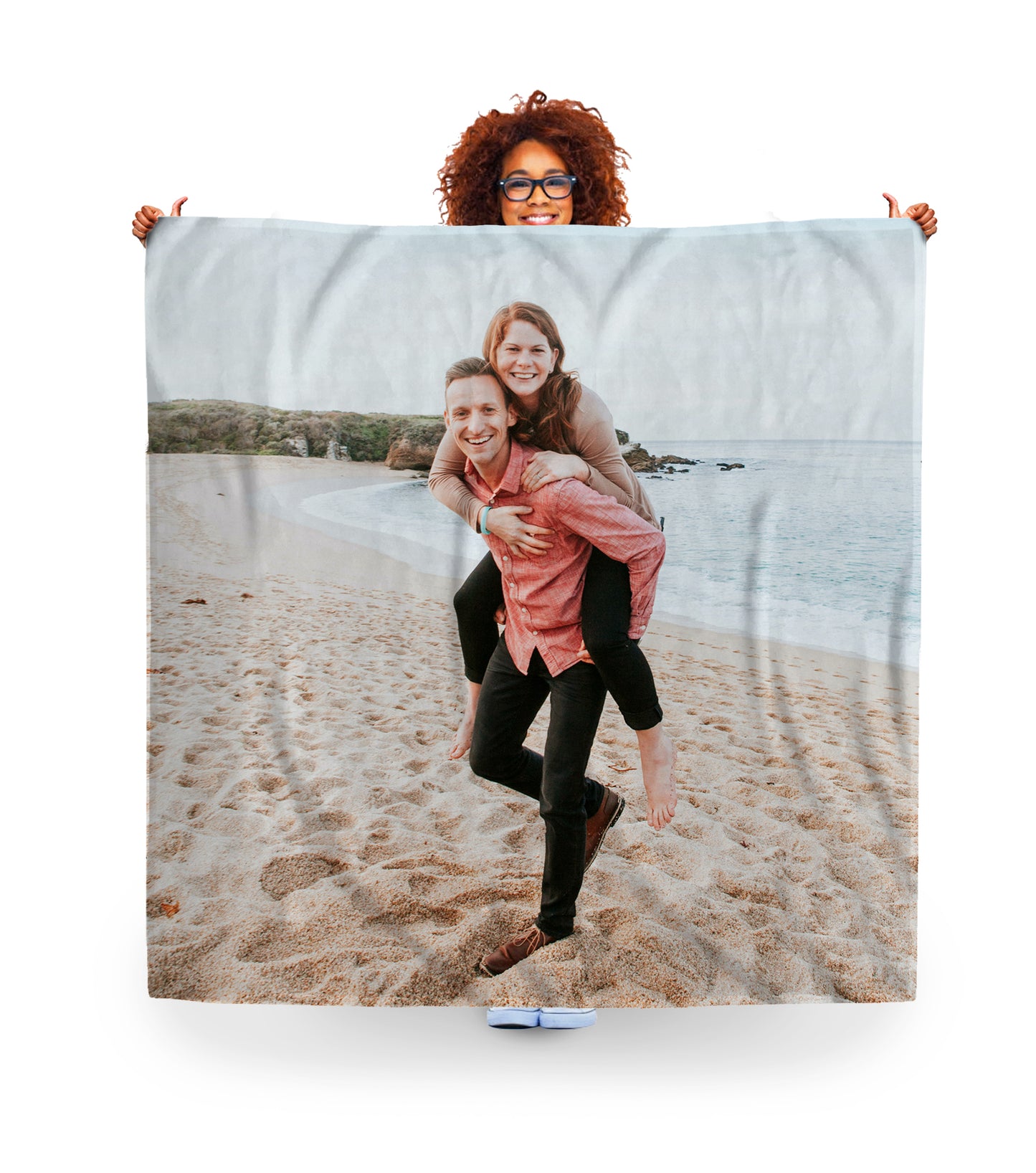 Woman holding 150x150cm Fleece Blanket with Couple Picture