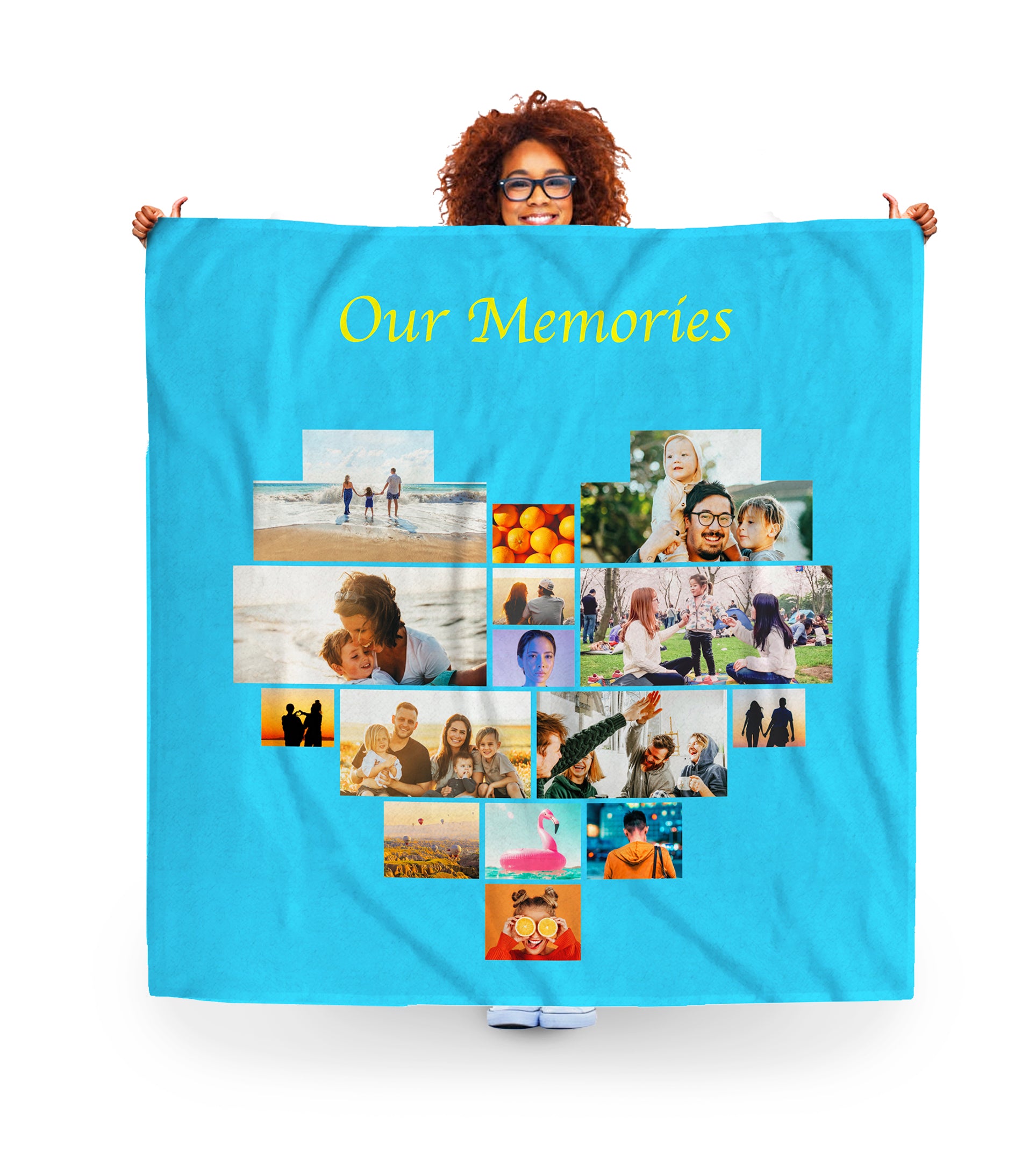 women holding blue heart photo collage fleece blanket