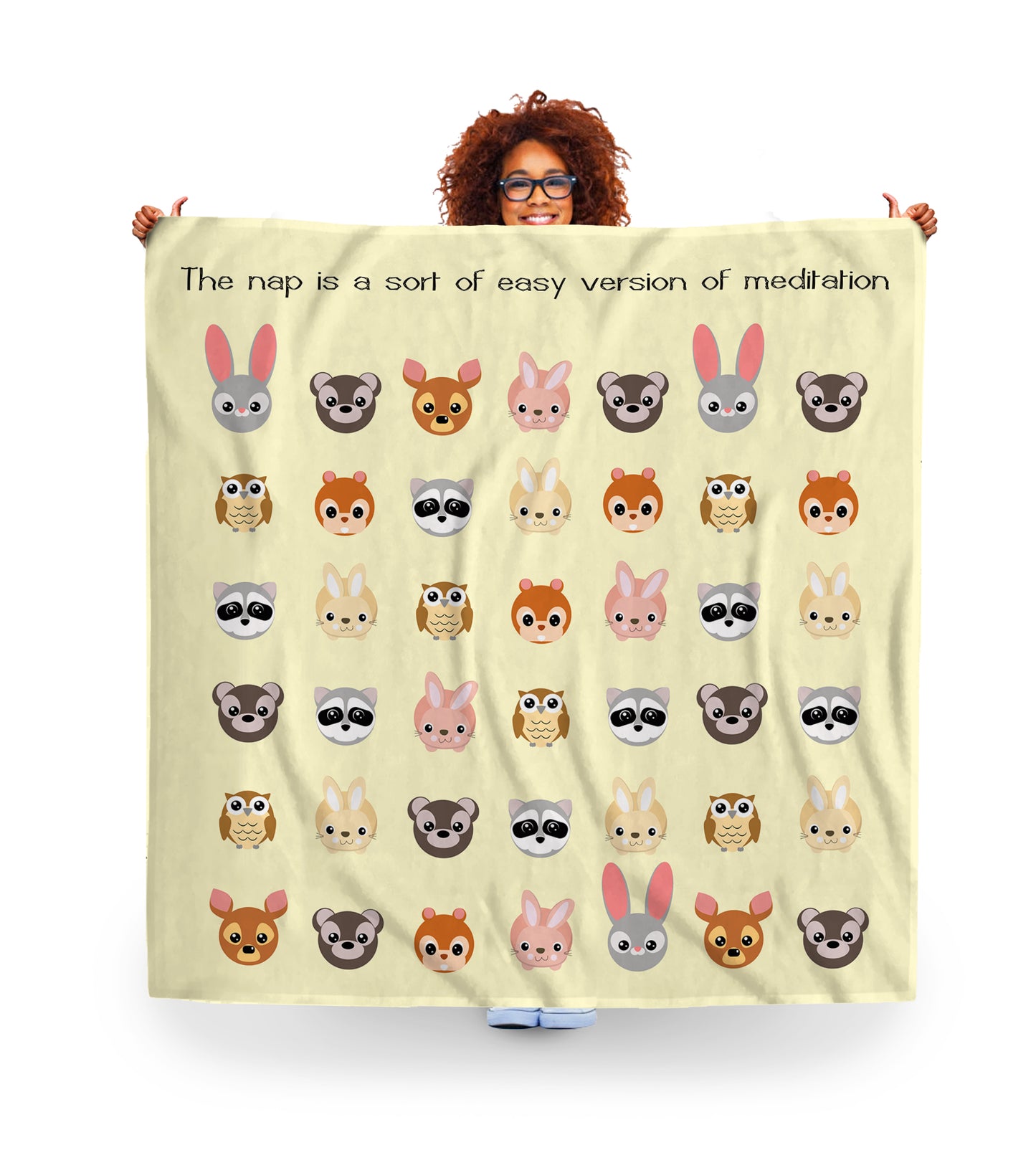 Woman Holding a Personalised Blanket for Kids, Cute Animals. Add Personalised Text. Double Size 150x150cm.