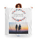 Women holding fleece blanket with personalised text and photo. flower pattern and couple photo on blanket. Double size blanket