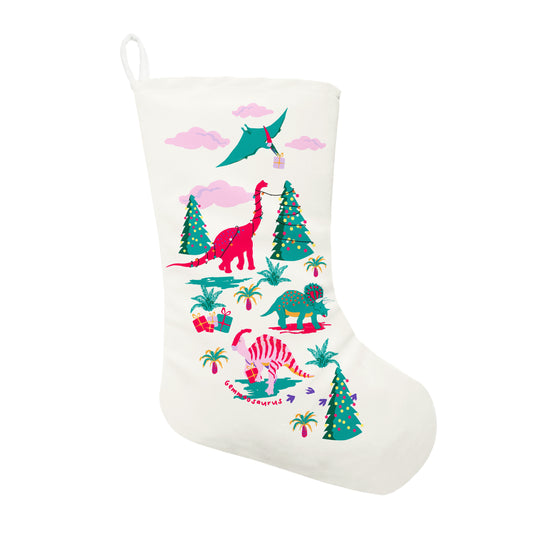Personalised Christmas Red Dinosaur Stocking | Fab Gifts. Front Vieiw.