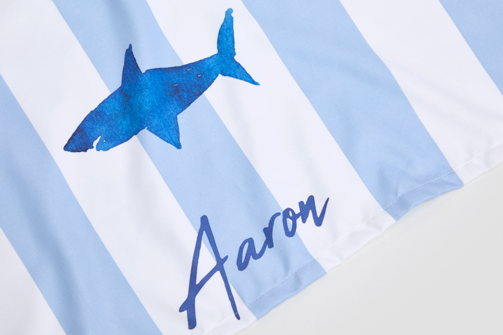 Shark Striped Beach | Sports Towel Online UK - Fab Gifts. Closeup of shark and name "Aaron".