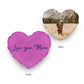 pink heart cushion. front text, and back image.