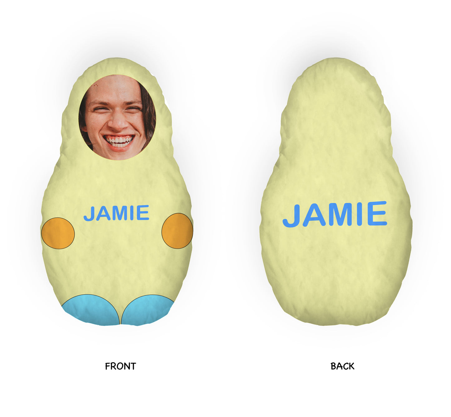 Mini Me Doll - Personalised - Yellow - 57 x 31cm. . Text Name is "Jamie", Front and Back