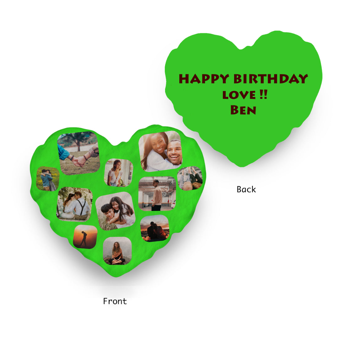 Green Heart Shaped Photo Collage Cushion on front. Custom Happy Birthday text on Back