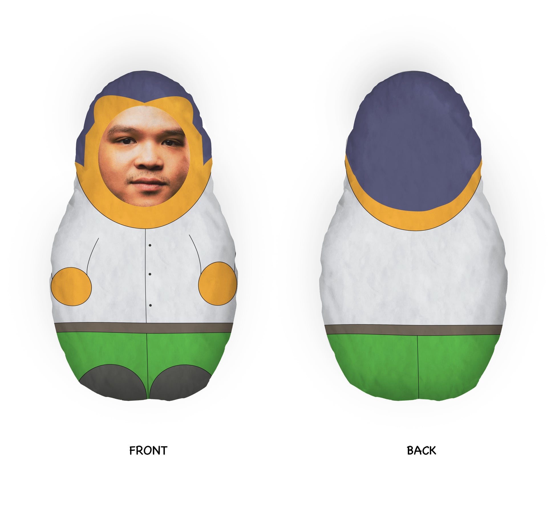 Mini Me Doll- Personalised - White & Green - 57 x 31cm. Photo of man as face. Front and Back.