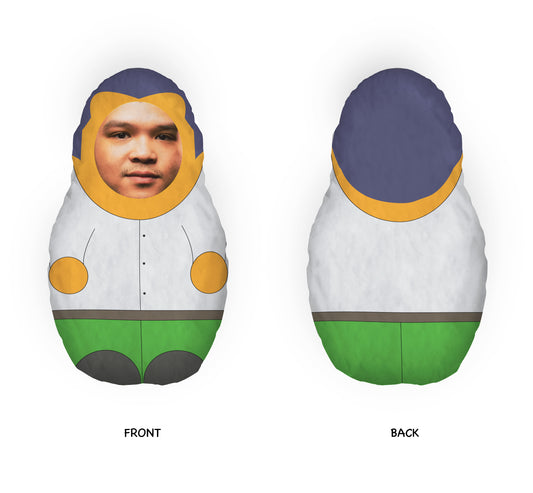 Mini Me Doll- Personalised - White & Green - 57 x 31cm. Photo of man as face. Front and Back.