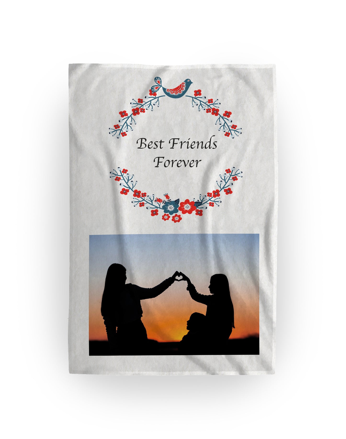 fleece blanket with personalised text and photo. flower pattern and friends photo on blanket.