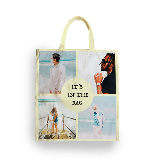 Tote bag with four personalised photos on it. circle with text in centre