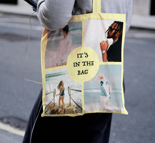 Person wearing tote bag with four personalised photos on it. circle with text in centre