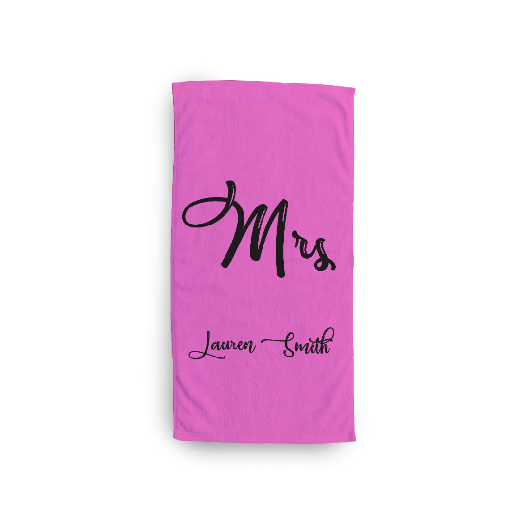Personalised Sports Towel. Pink Mrs Towel 