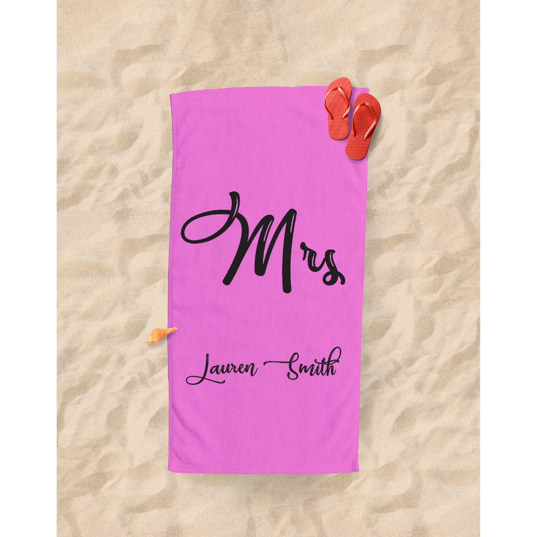 Personalised Sports Towel | Pink Mrs Towel | Fab Gifts. On beach.