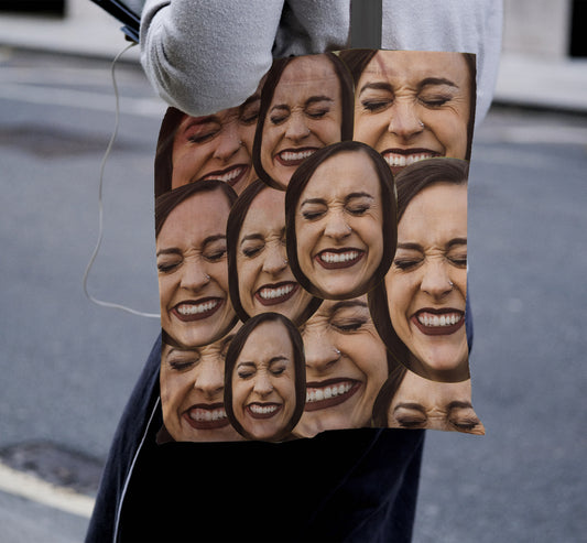 person wearing personalised tote bag with multi face collage.