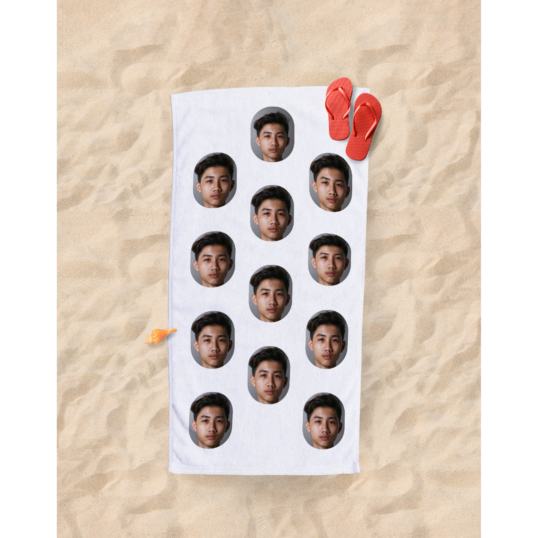 Personalised Photo Face Sports Towel | Beach Towel | Fab Gifts. On the beach.