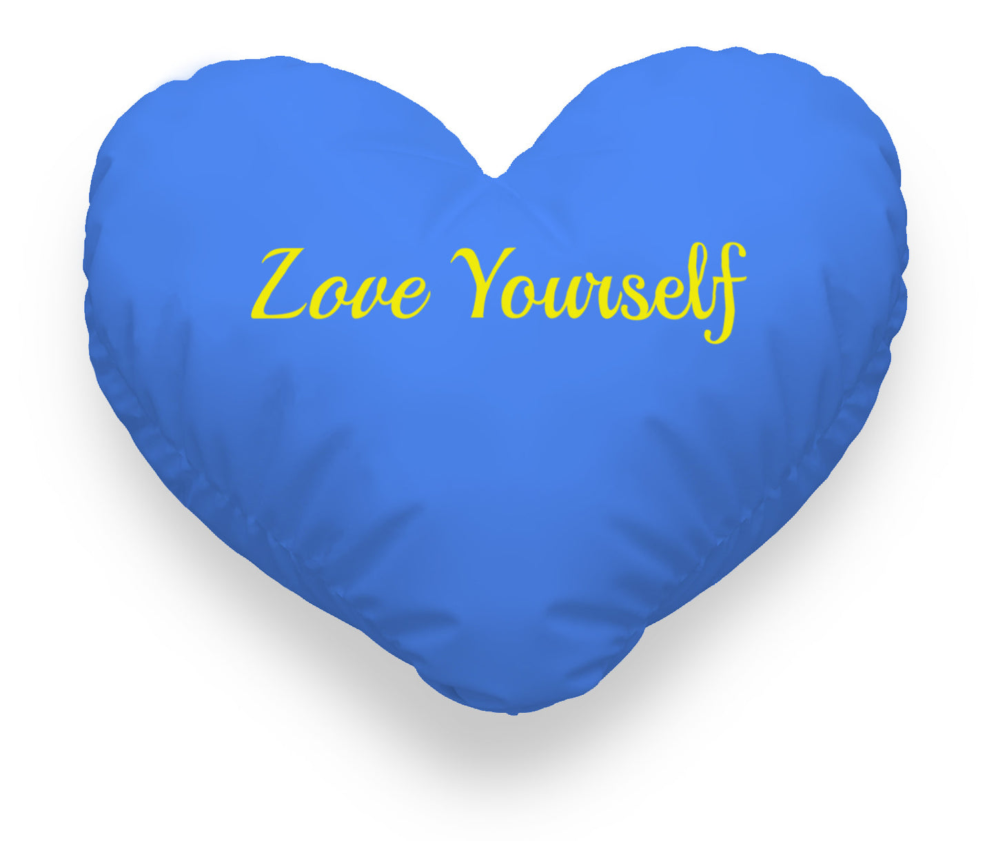 blue heart cushion. yellow text "love yourself".