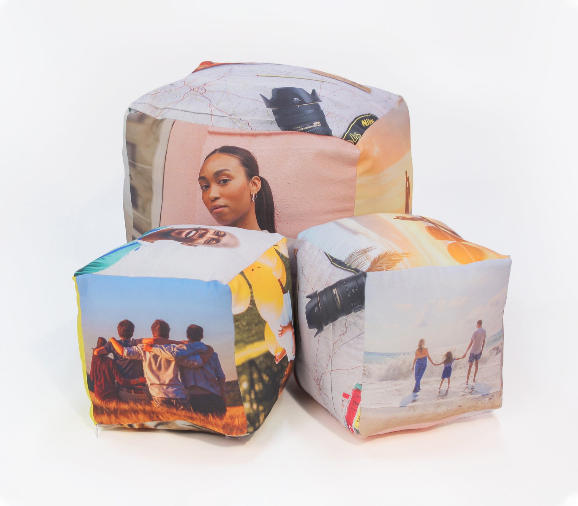 cube cushion collage photo. one 50x50cm cube cushion. two 25x25cm cube cushion