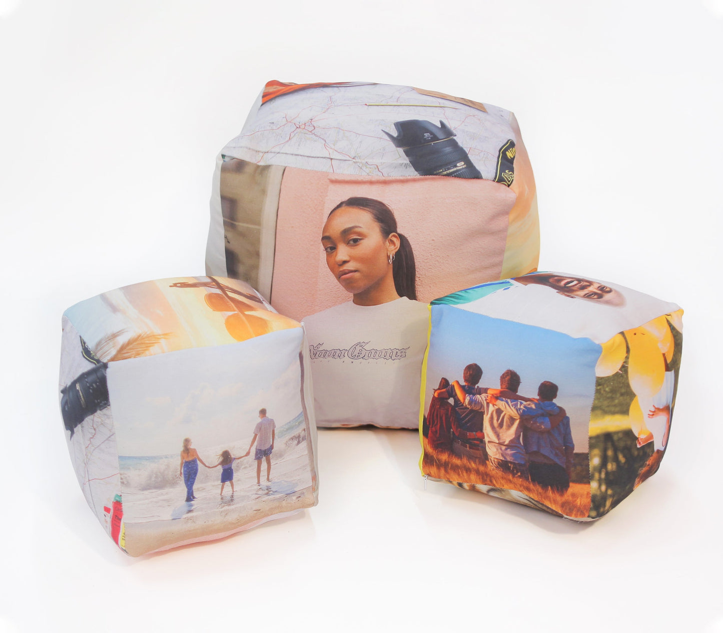 cube cushion collage photo. one 50x50cm cube cushion. two 25x25cm cube cushion