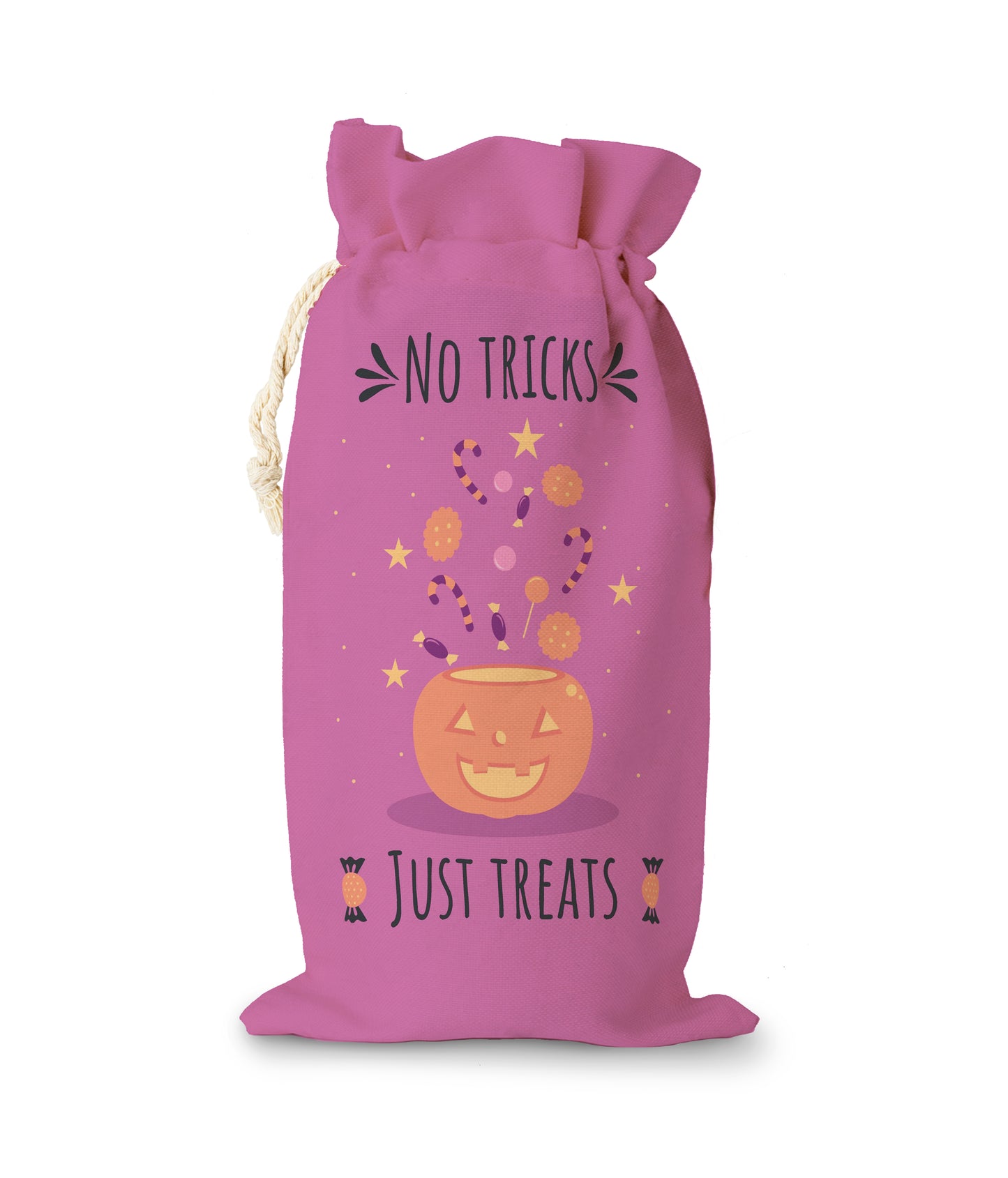 Halloween Candy Sack With Pumpkin Face, Text is "No Tricks Just Treats"