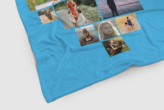 close up of blue photo collage fleece blanket
