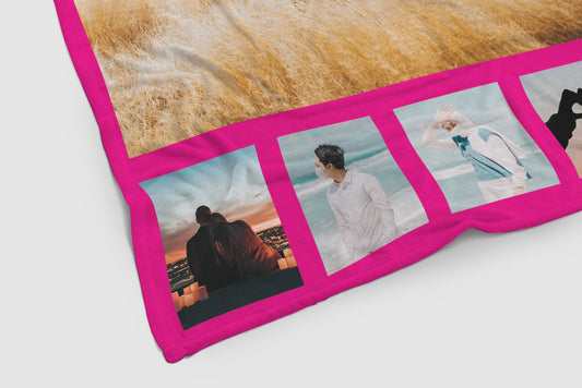 Close up of personalised pink photo fleece blanket, family and friends picture. Double bed size.