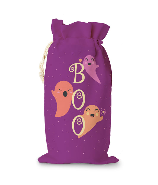 Terrifying Jump Scare Halloween Sack Ghost Purple Background. Text "BOO".